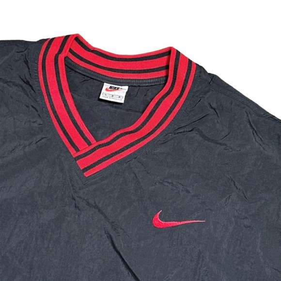 Vintage 90s Nike Nylon Swoosh V Neck Pullover Jacket Black Red Mens Large - Picture 2 of 6
